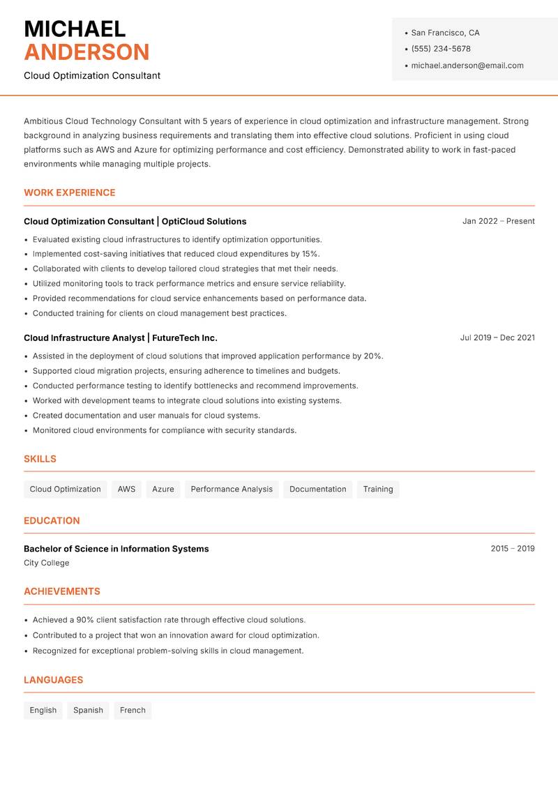 Cloud Technology Consultant resume sample — Cloud Optimization Consultant focus