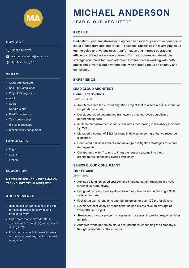 Cloud Transformation Engineer resume sample — Lead Cloud Architect focus