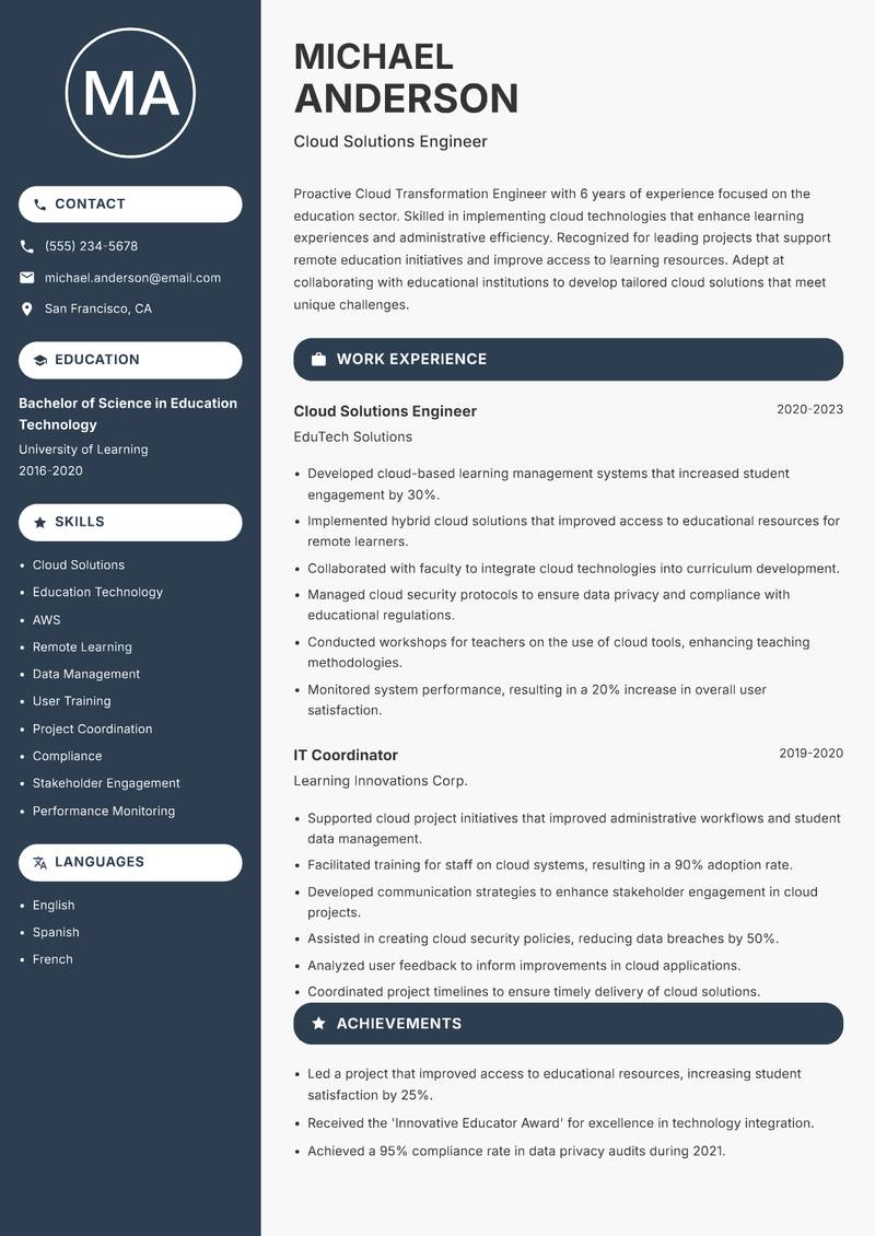 Cloud Transformation Engineer resume sample — Cloud Solutions Engineer focus