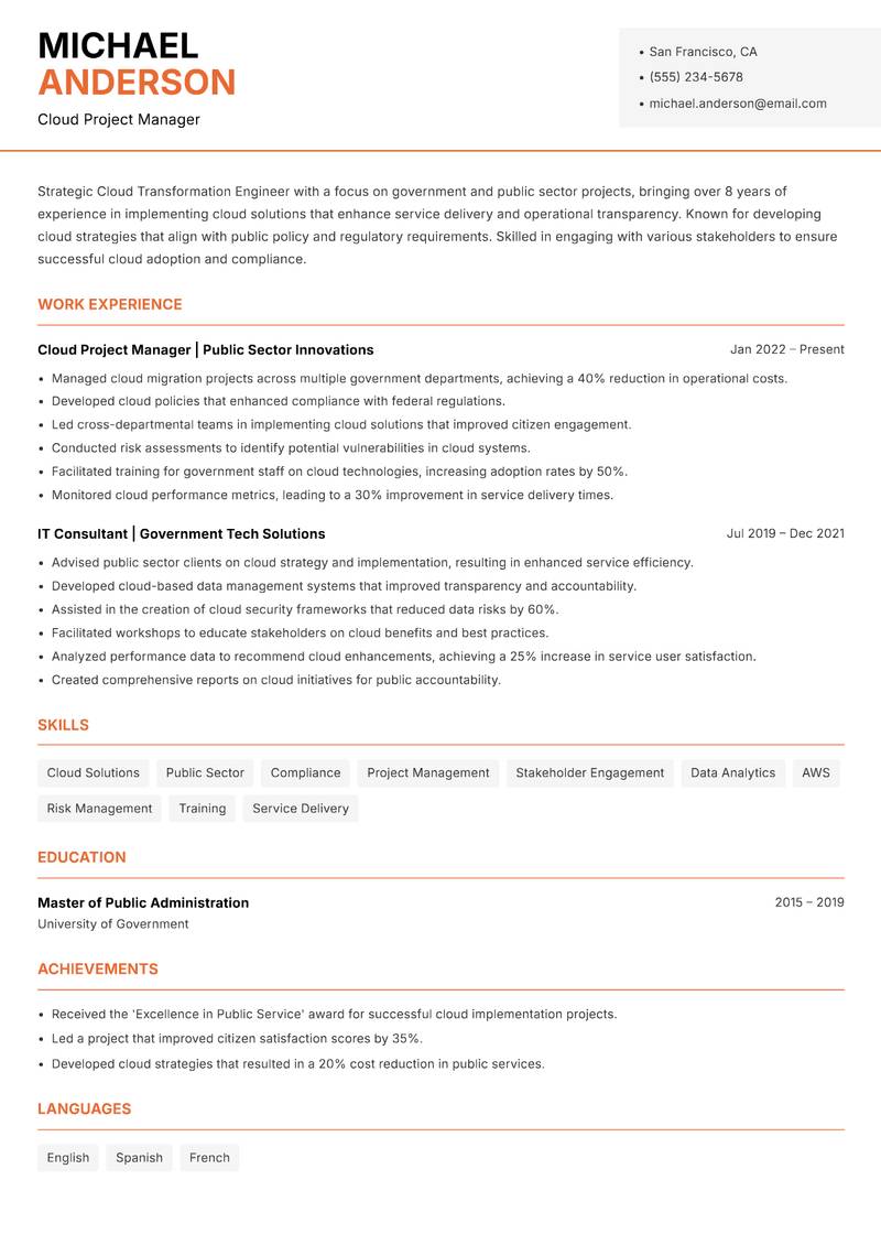 Cloud Transformation Engineer resume sample — Cloud Project Manager focus