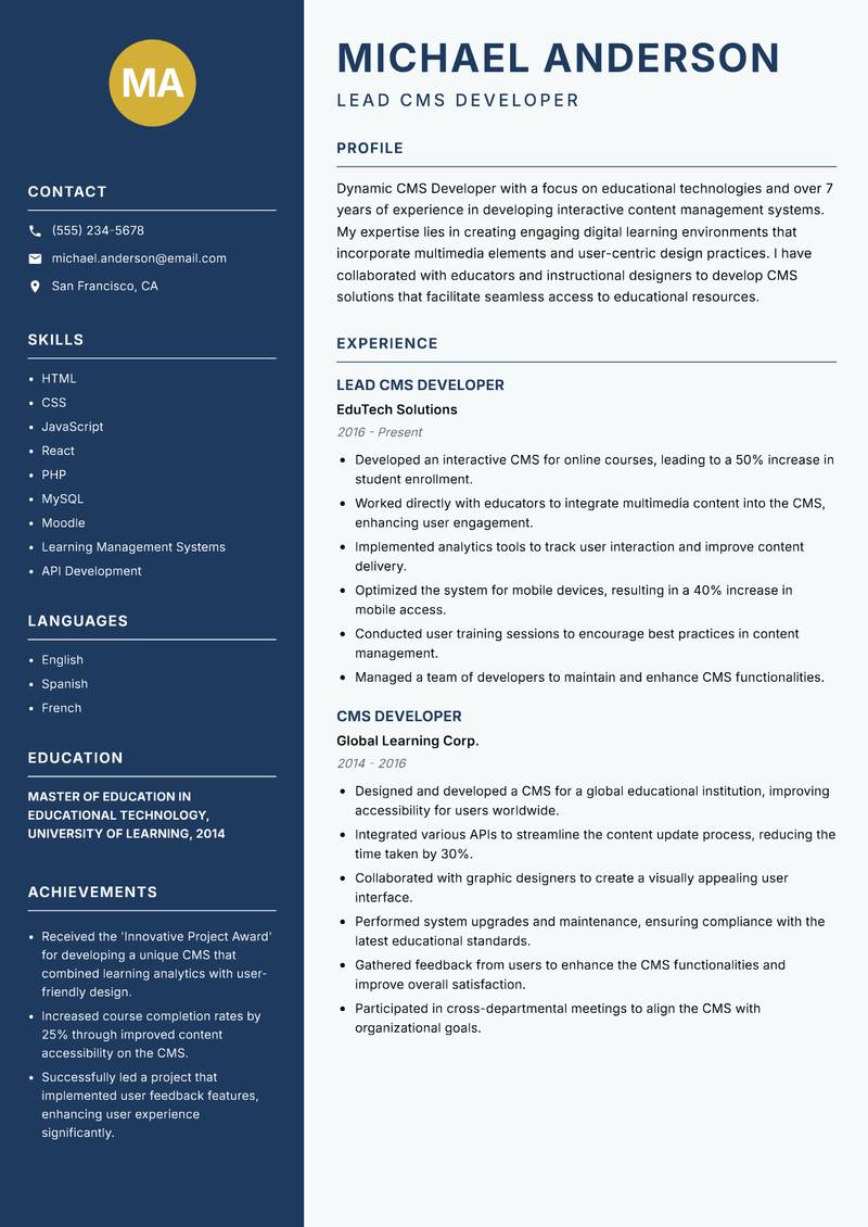 CMS Developer resume sample — Lead CMS Developer focus