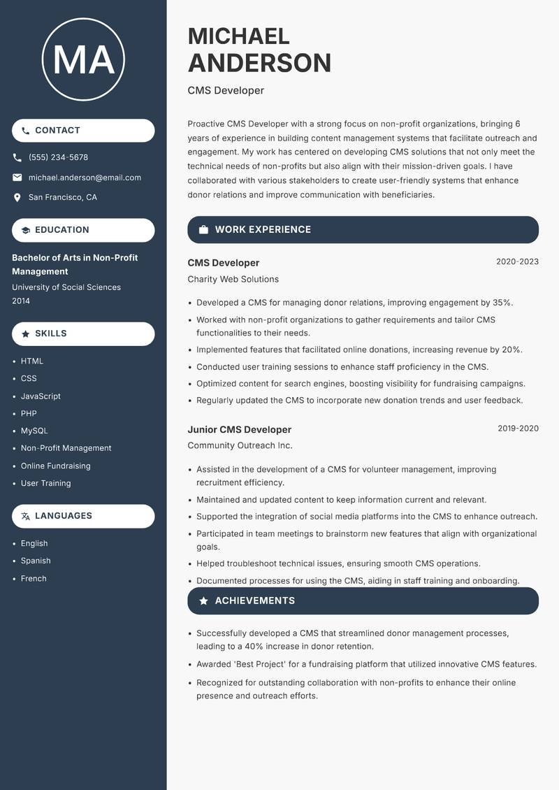 CMS Developer resume sample — CMS Developer focus