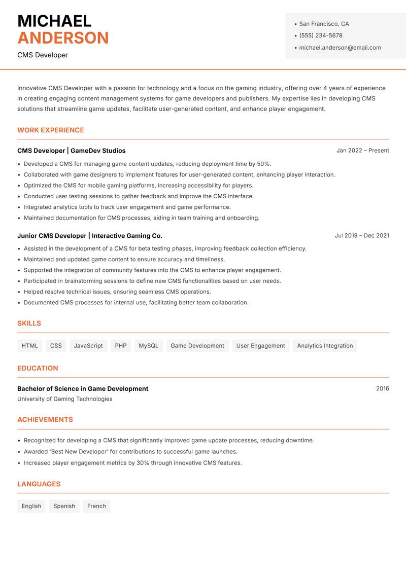 CMS Developer resume sample — CMS Developer focus