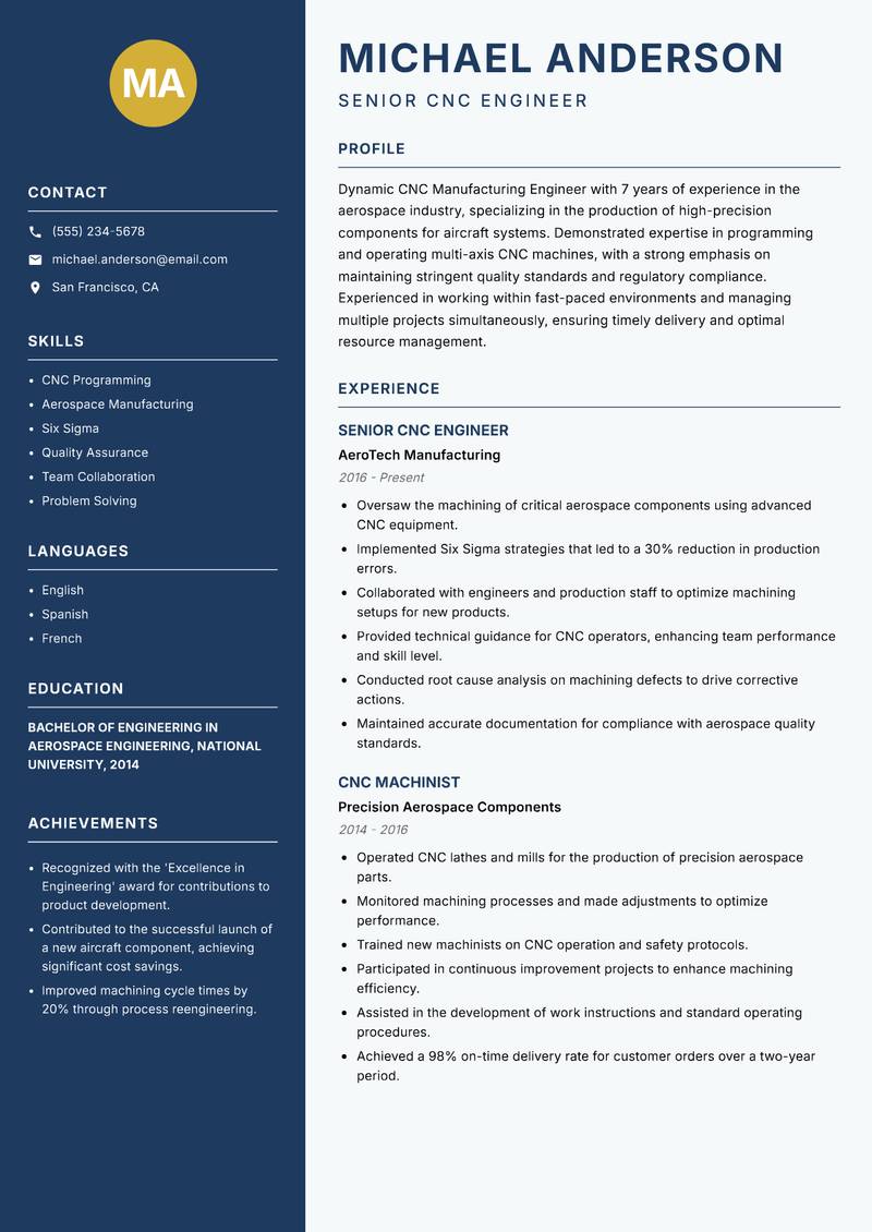 CNC Manufacturing Engineer resume sample — Senior CNC Engineer focus