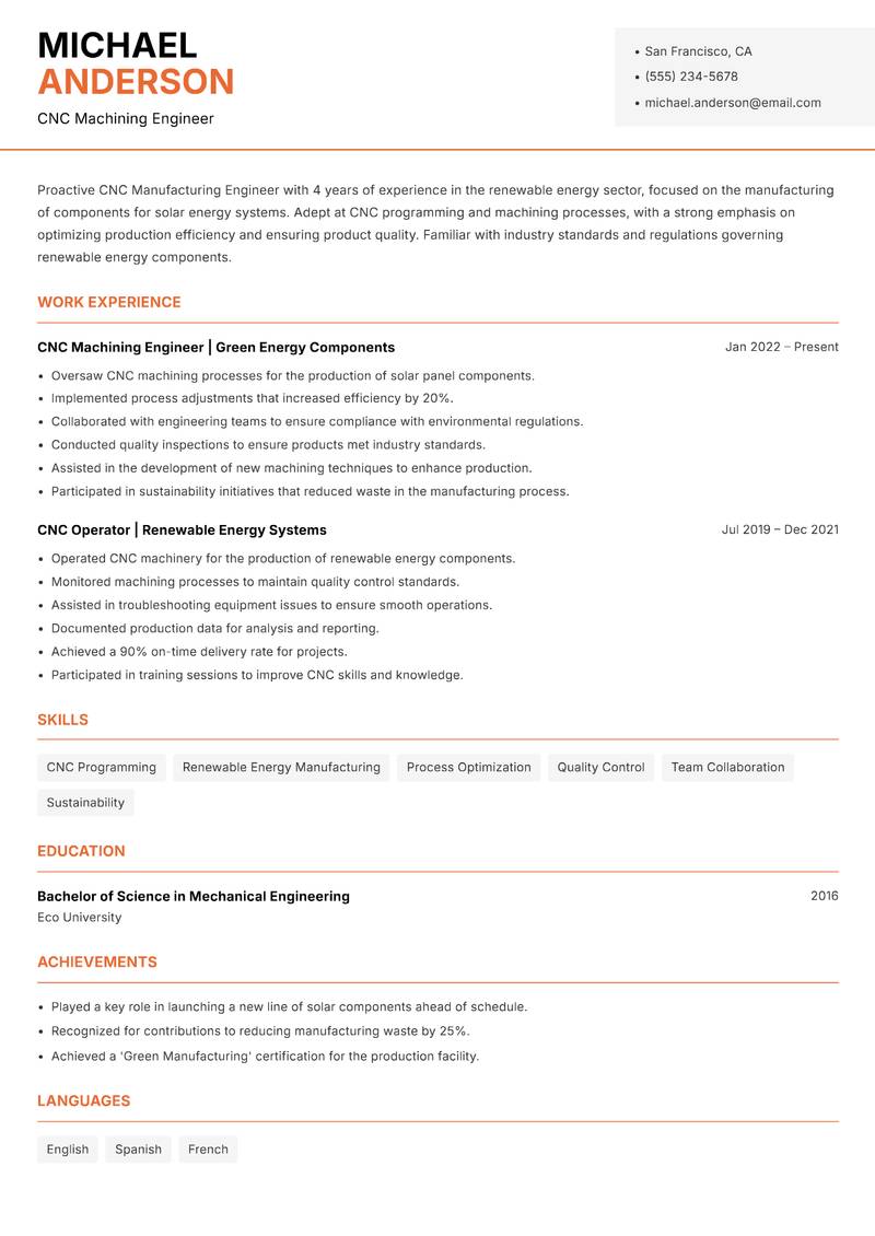 CNC Manufacturing Engineer resume sample — CNC Machining Engineer focus