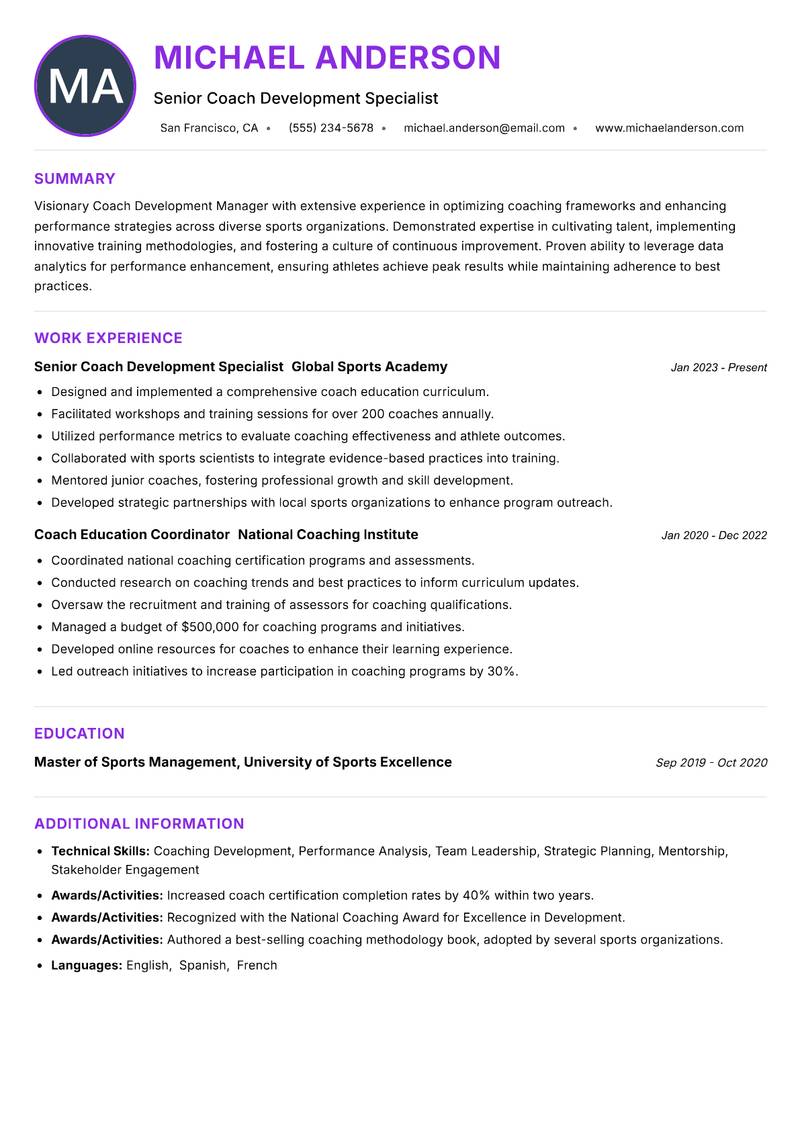 Coach Development Manager resume example