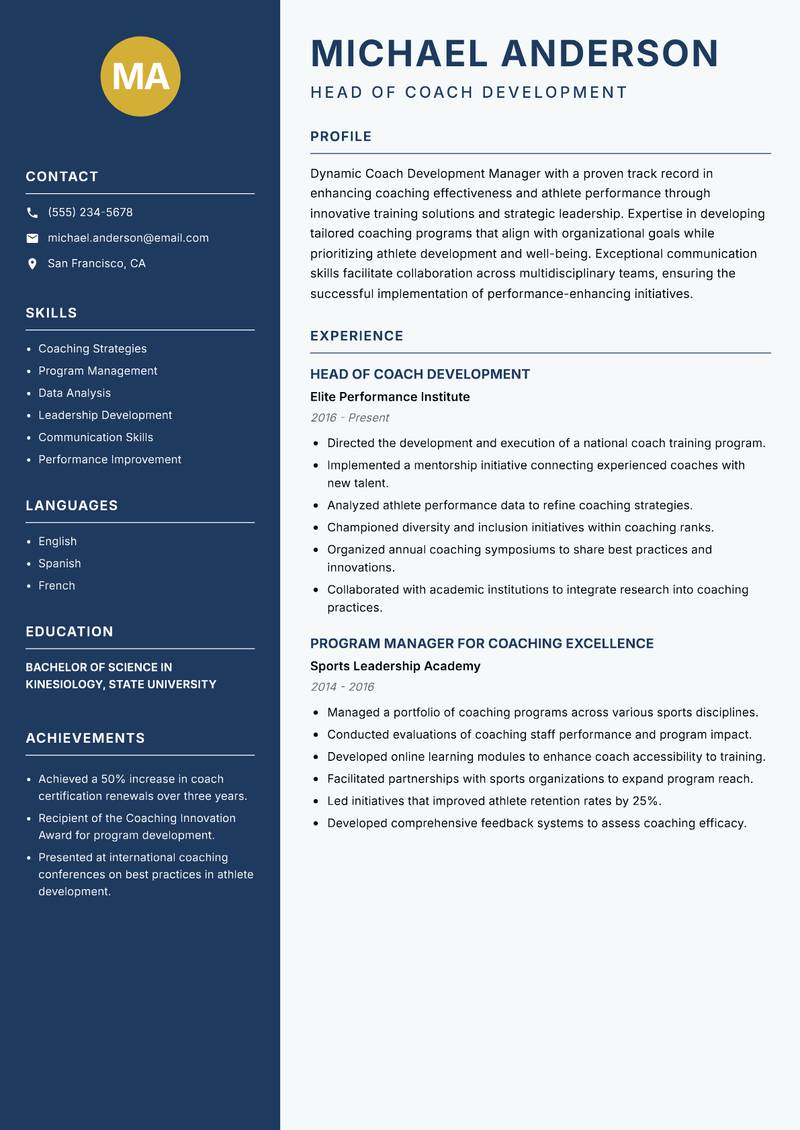 Coach Development Manager resume sample — Head of Coach Development focus