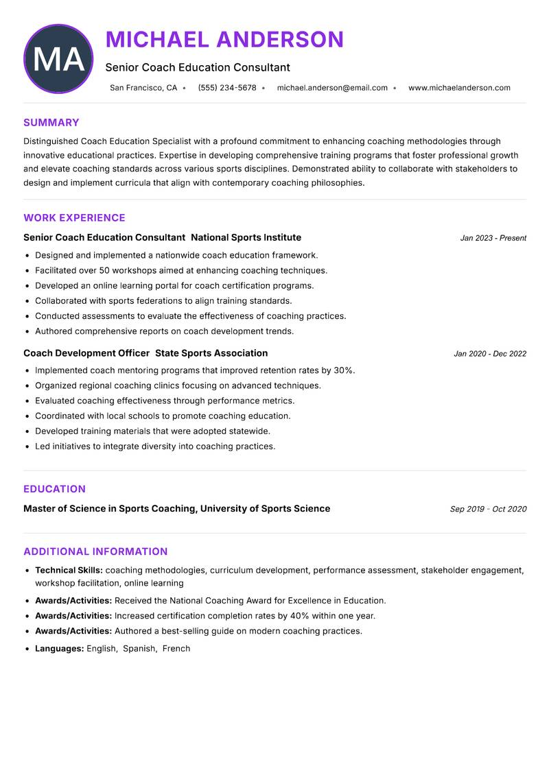 Coach Education Specialist resume example