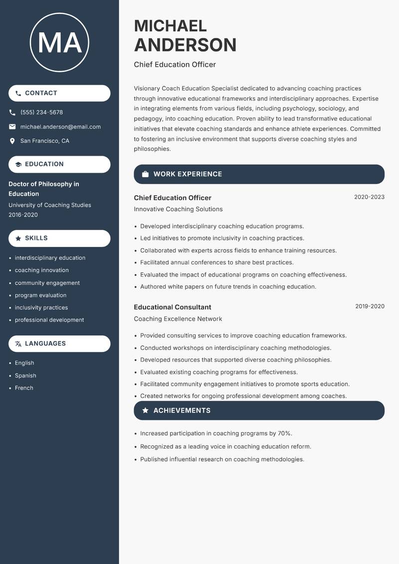 Coach Education Specialist resume sample — Chief Education Officer focus