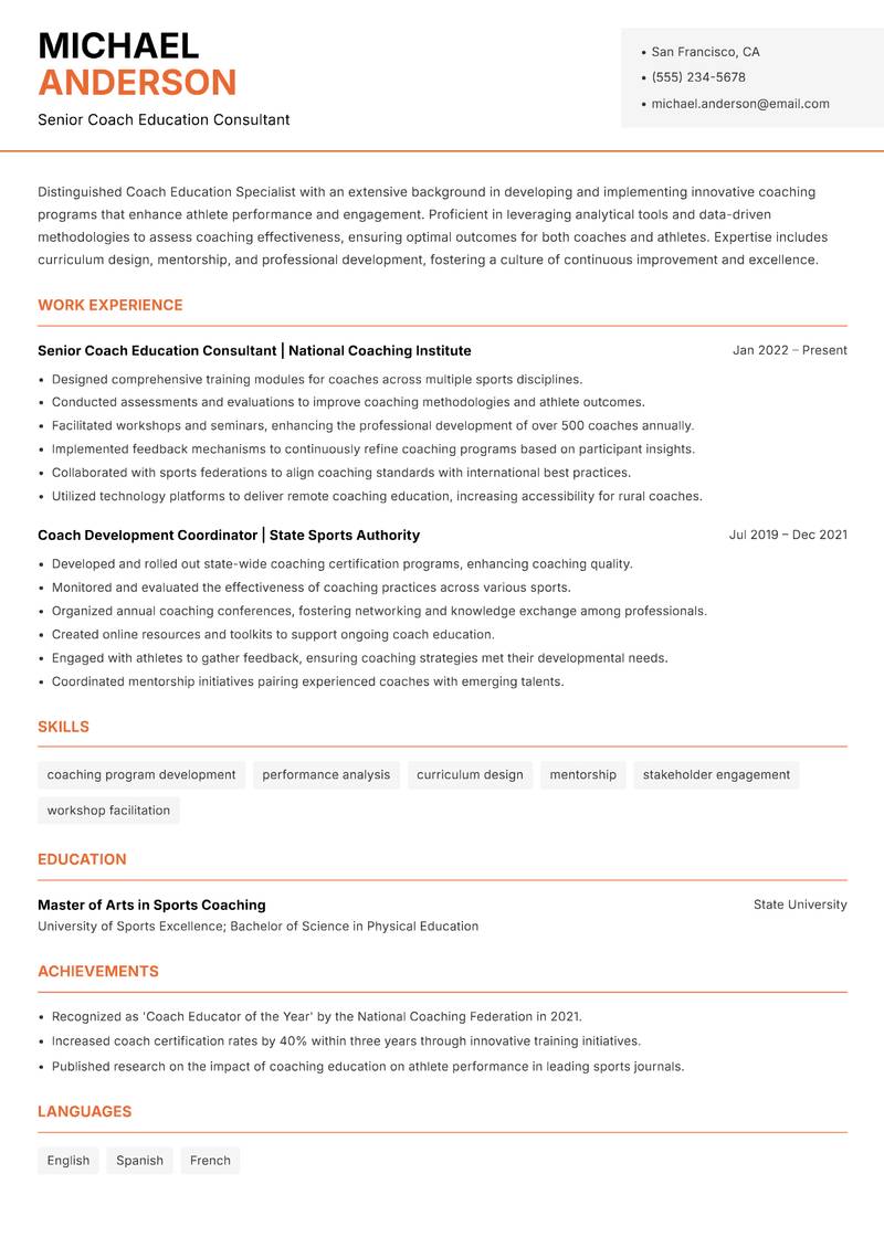 Coach Education Specialist resume sample — Senior Coach Education Consultant focus