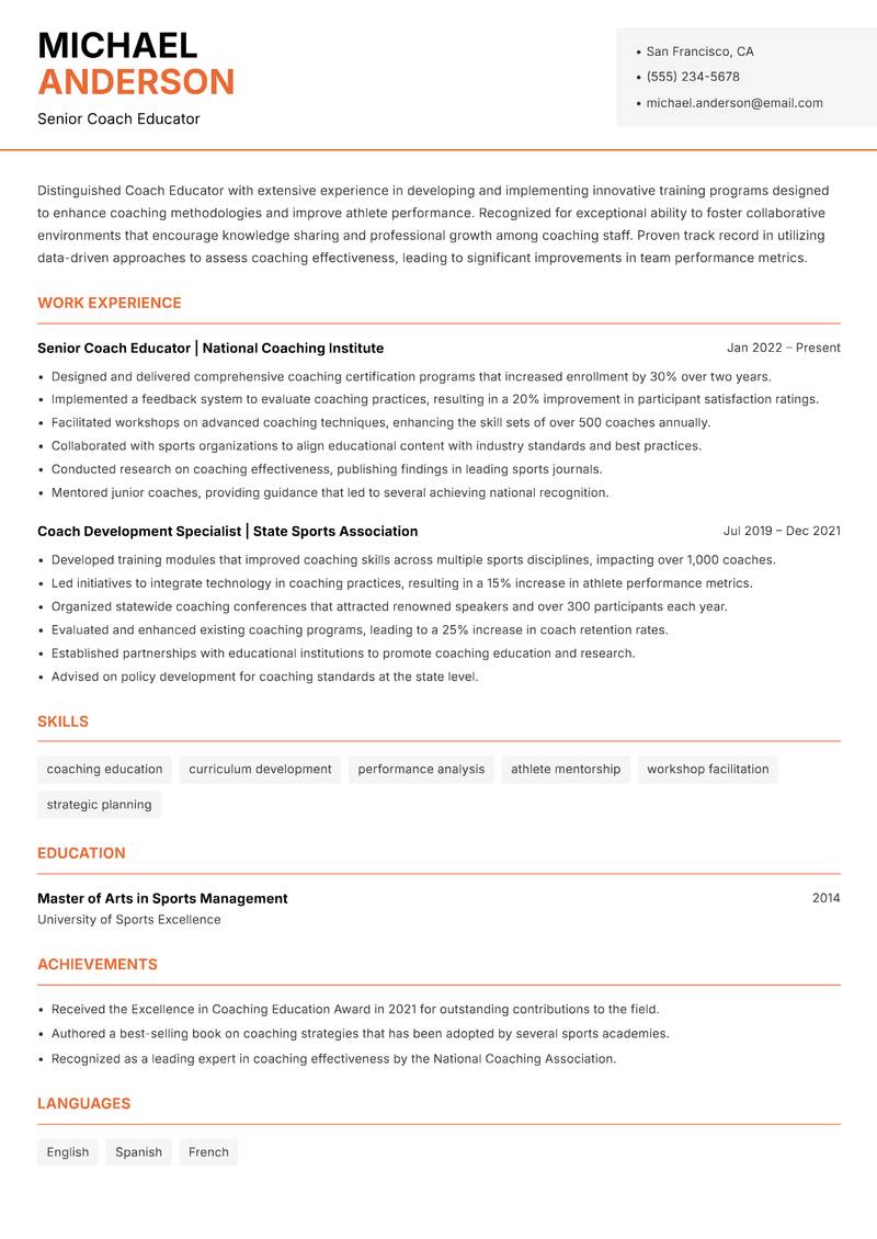 Coach Educator resume sample — Senior Coach Educator focus