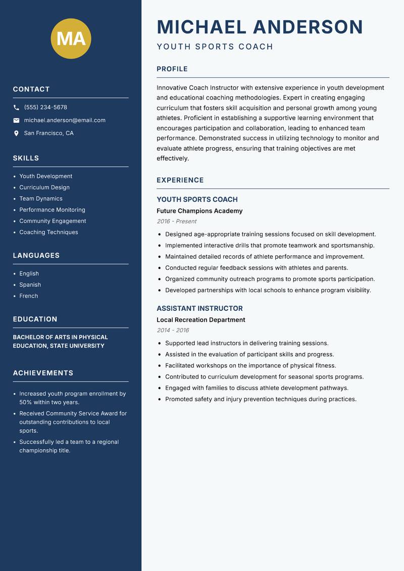 Coach Instructor resume sample — Youth Sports Coach focus