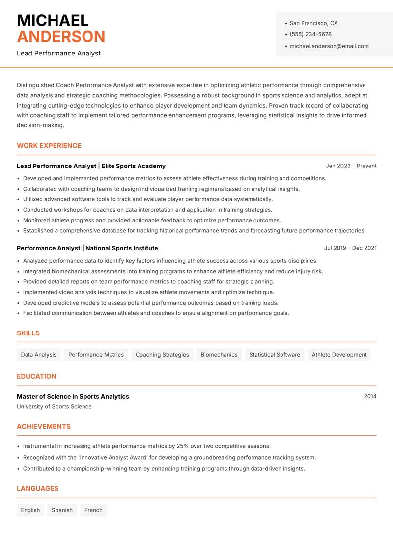 Coach Performance Analyst resume sample — Lead Performance Analyst focus