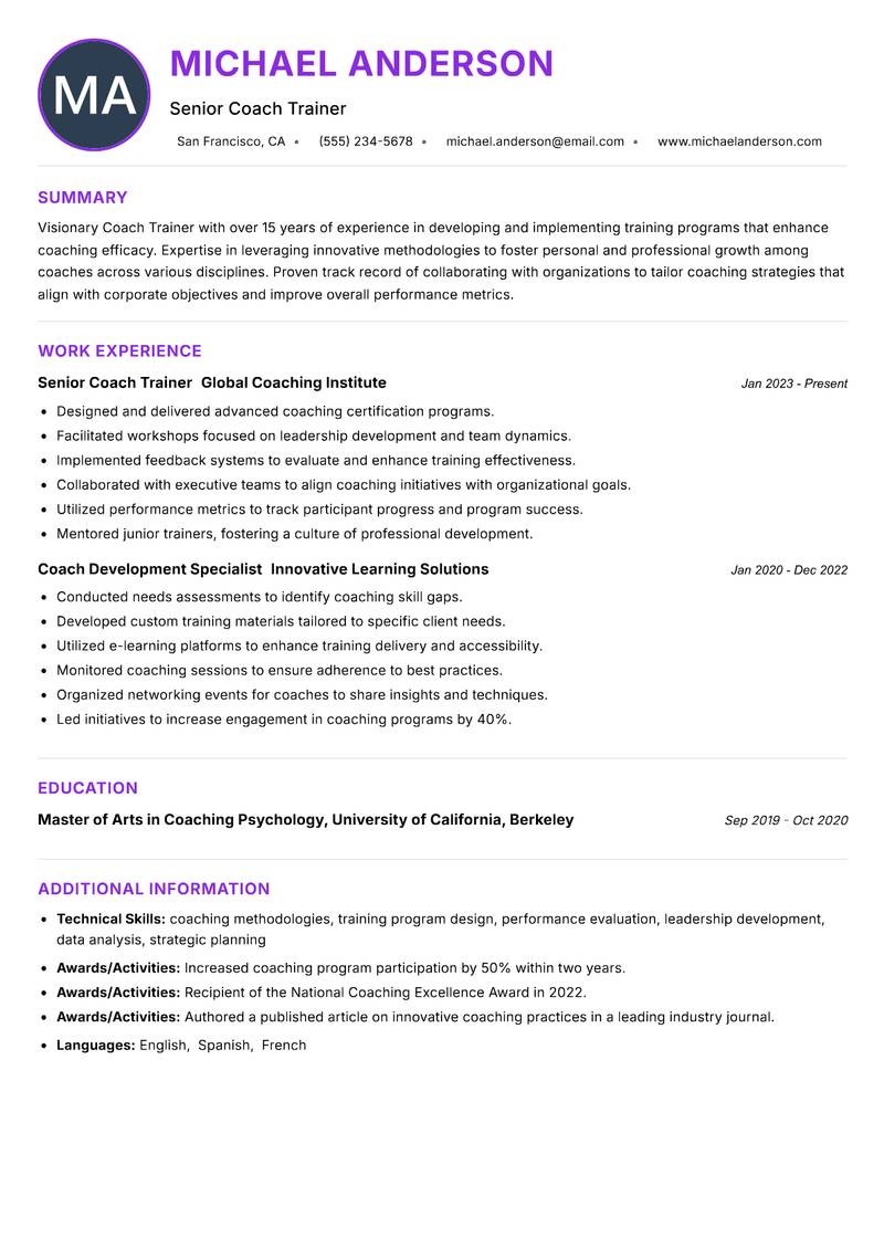 Coach Trainer resume example