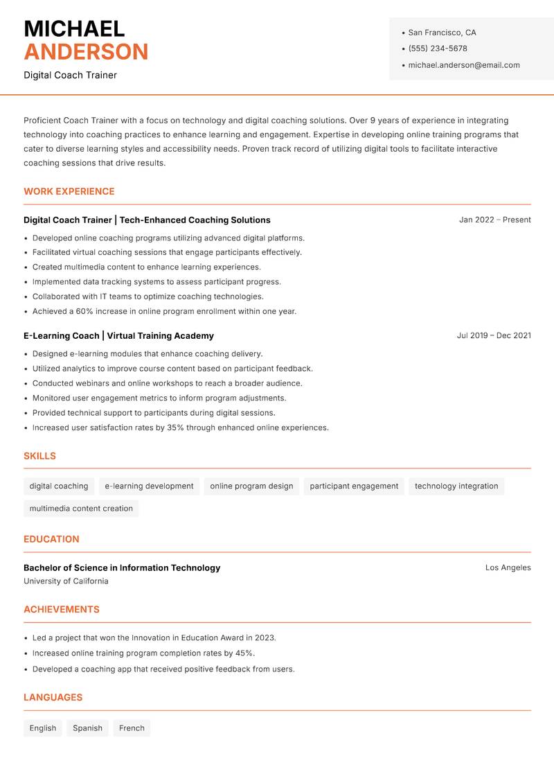 Coach Trainer resume sample — Digital Coach Trainer focus