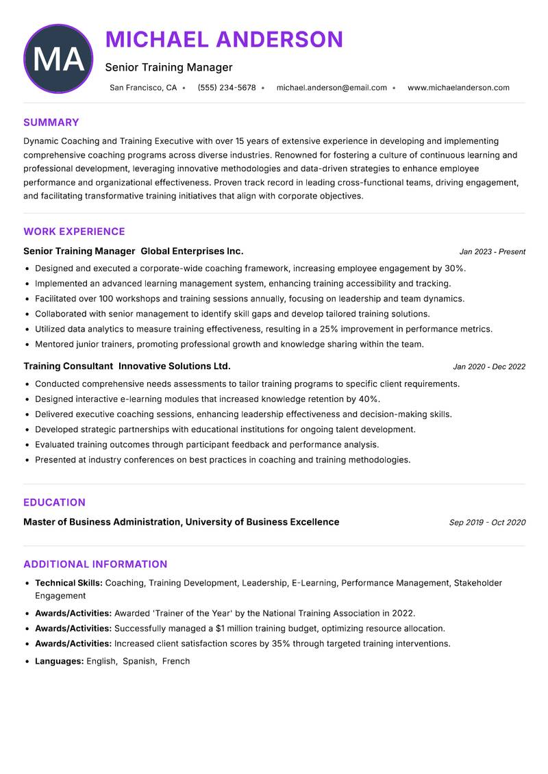 Coaching and Training Executive resume example