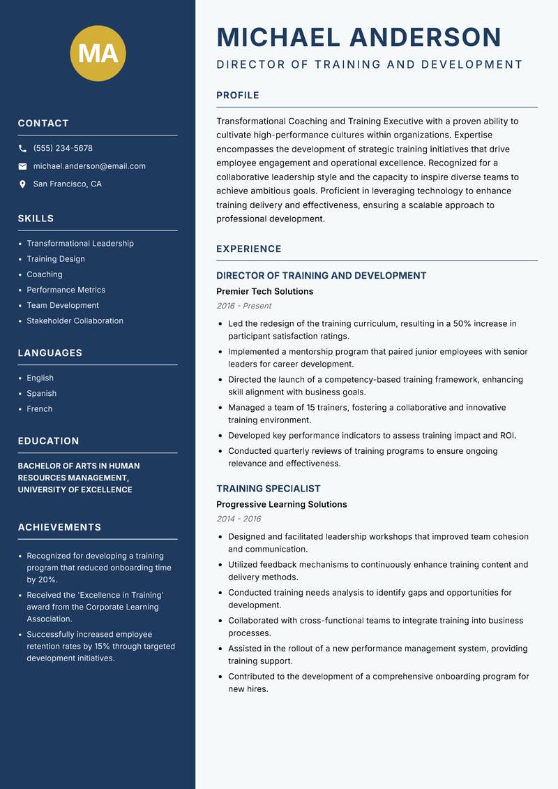 Coaching and Training Executive resume sample — Director of Training and Development focus
