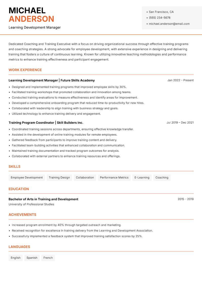 Coaching and Training Executive resume sample — Learning Development Manager focus
