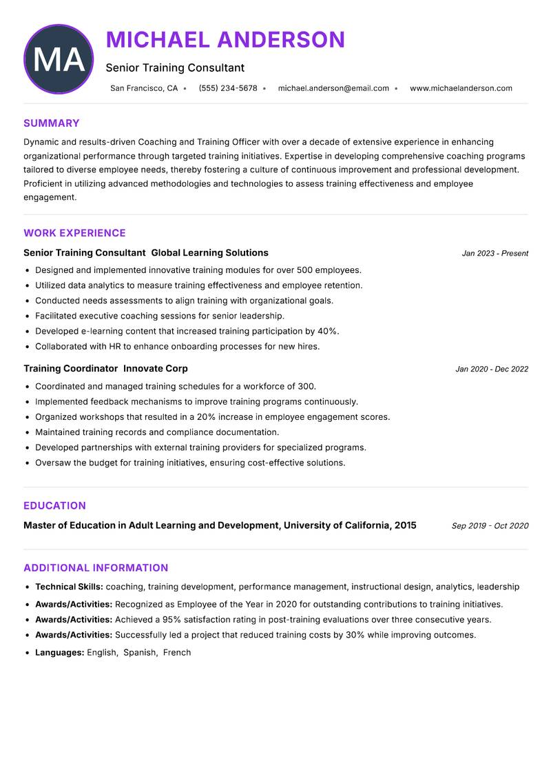 Coaching and Training Officer resume example