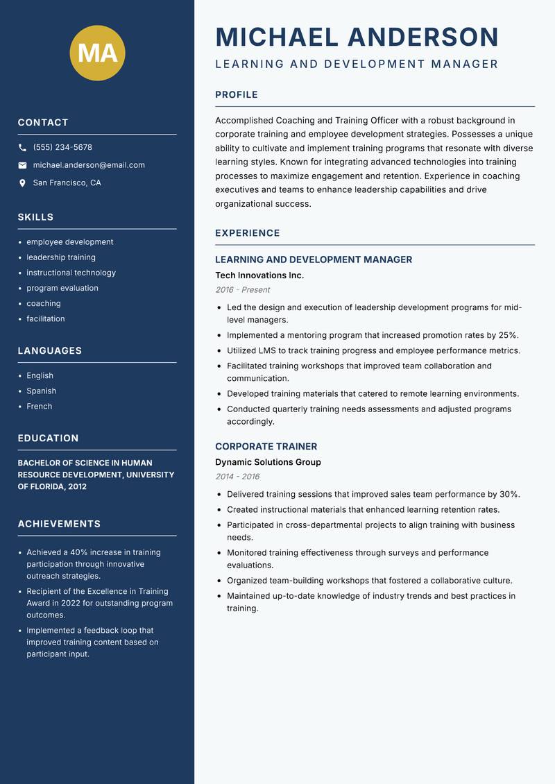 Coaching and Training Officer resume sample — Learning and Development Manager focus