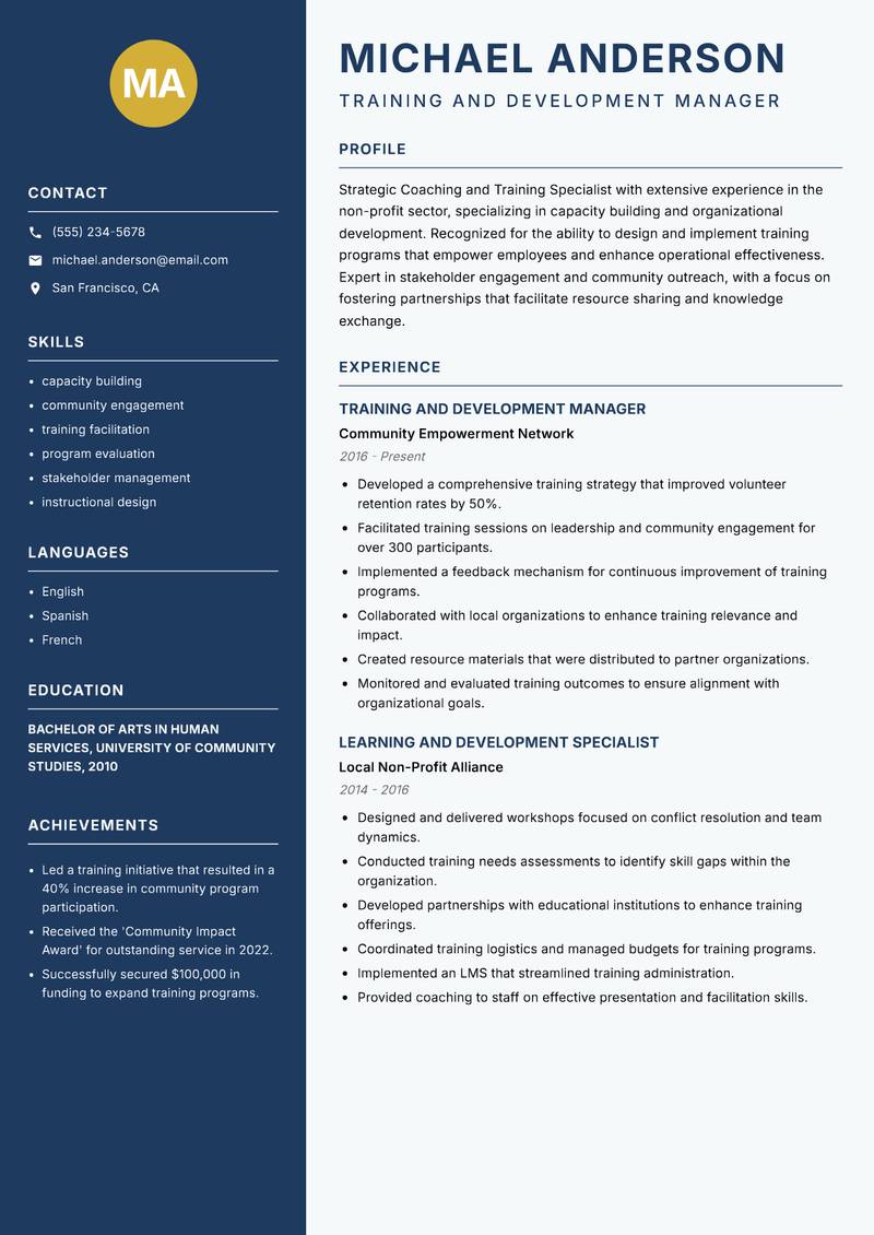 Coaching and Training Specialist resume sample — Training and Development Manager focus