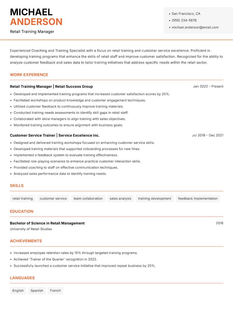 Coaching and Training Specialist resume sample — Retail Training Manager focus
