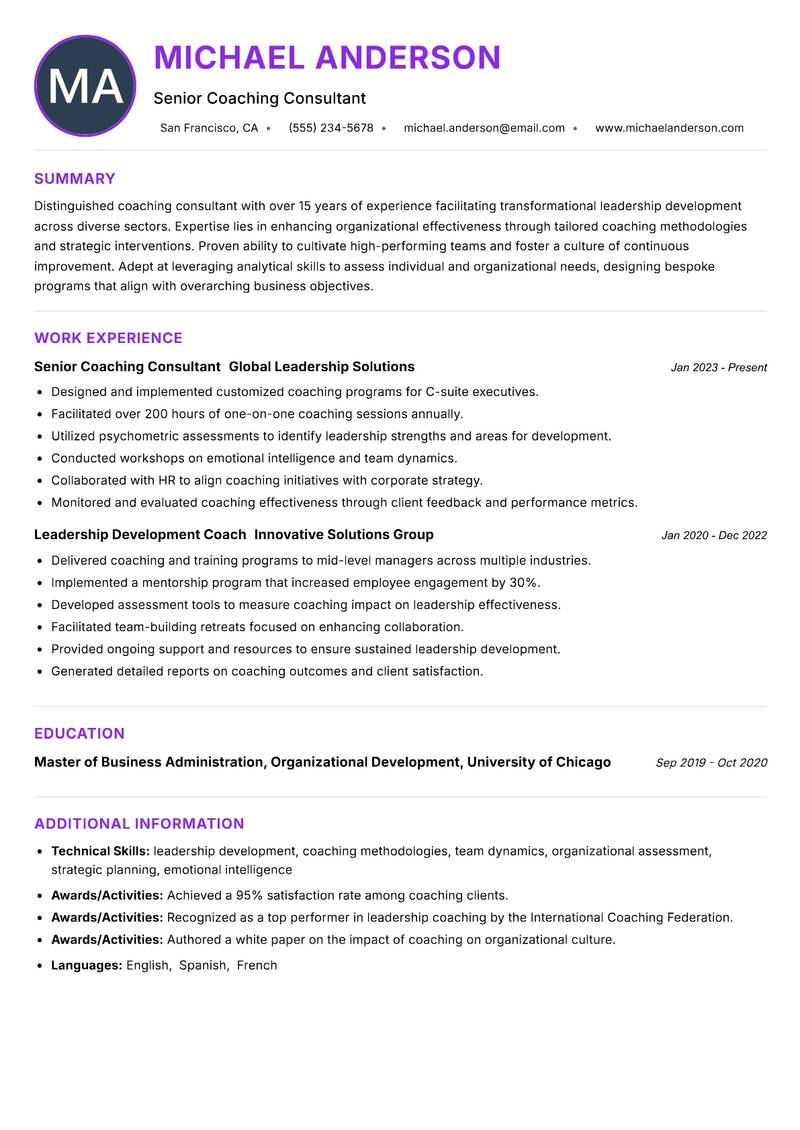 Coaching Consultant resume example