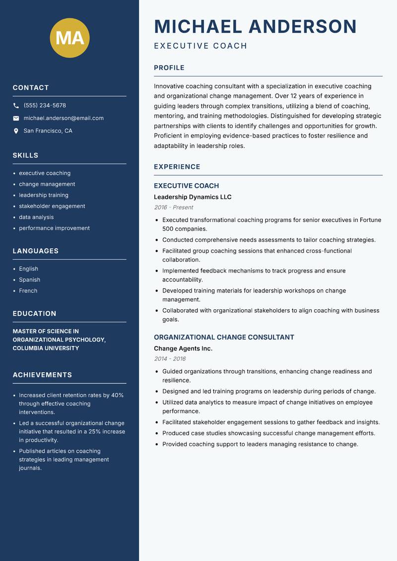 Coaching Consultant resume sample — Executive Coach focus