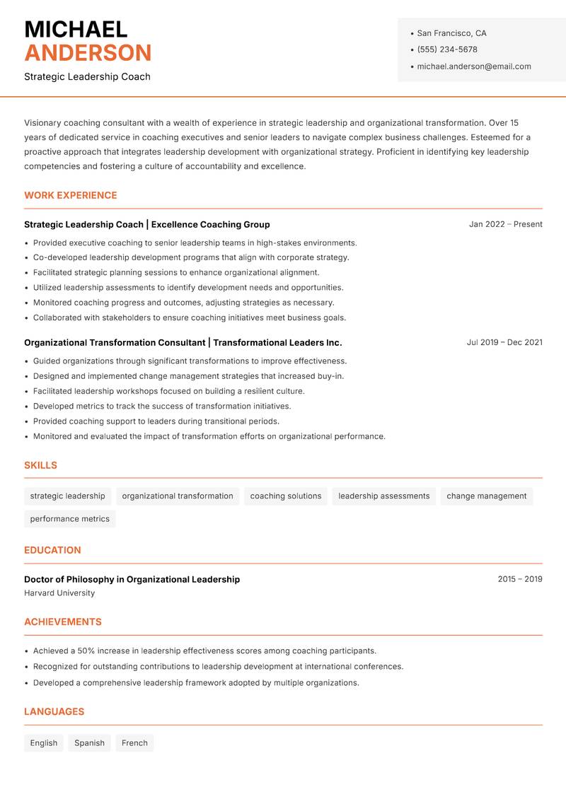 Coaching Consultant resume sample — Strategic Leadership Coach focus