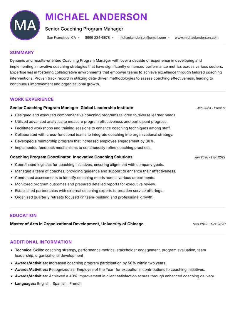 Coaching Program Manager resume example
