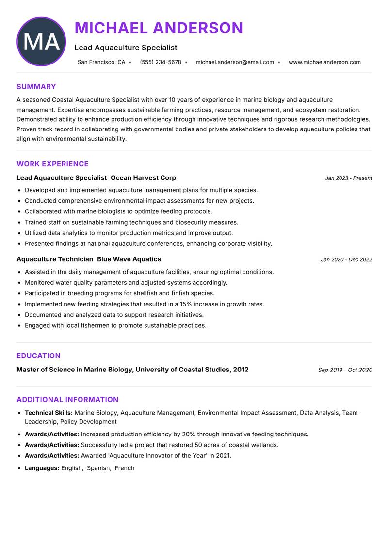Coastal Aquaculture Specialist resume example