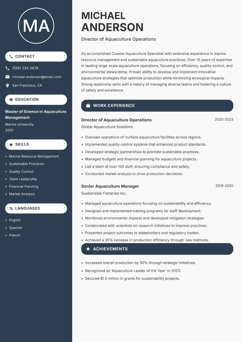 Coastal Aquaculture Specialist resume sample — Director of Aquaculture Operations focus