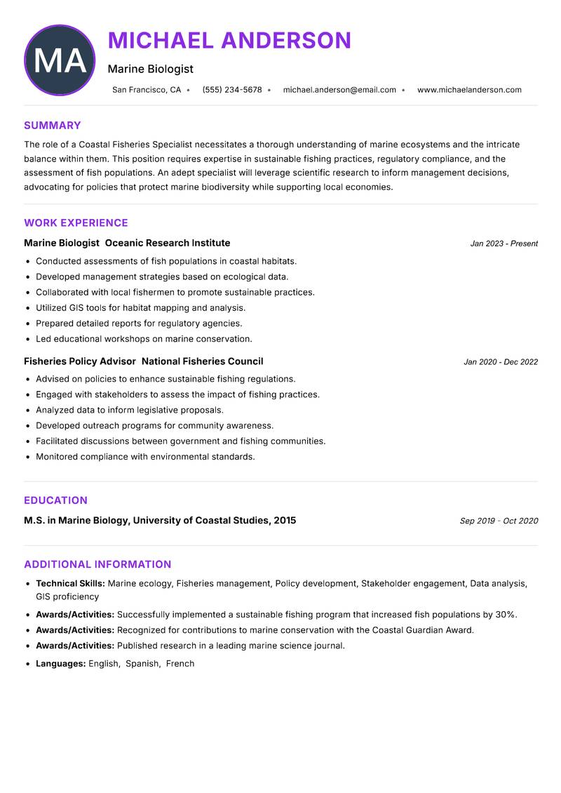 Coastal Fisheries Specialist resume example