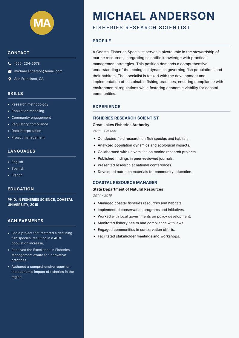 Coastal Fisheries Specialist resume sample — Fisheries Research Scientist focus
