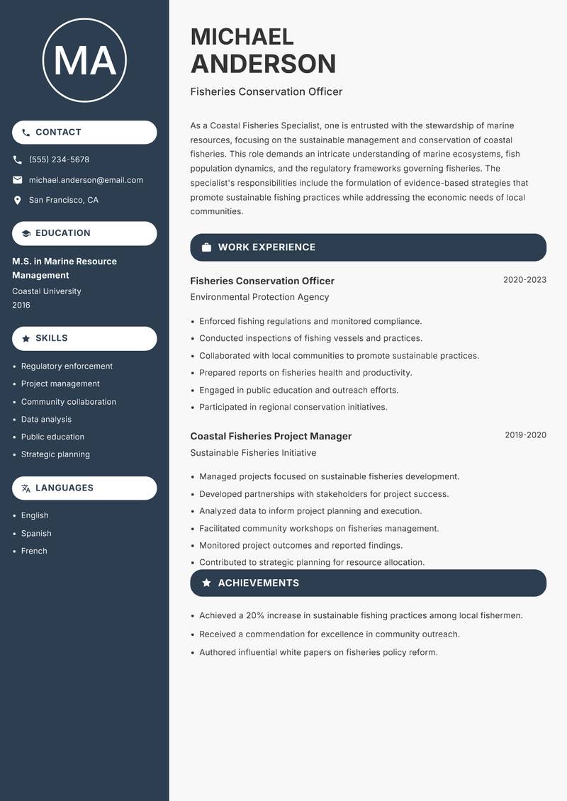 Coastal Fisheries Specialist resume sample — Fisheries Conservation Officer focus