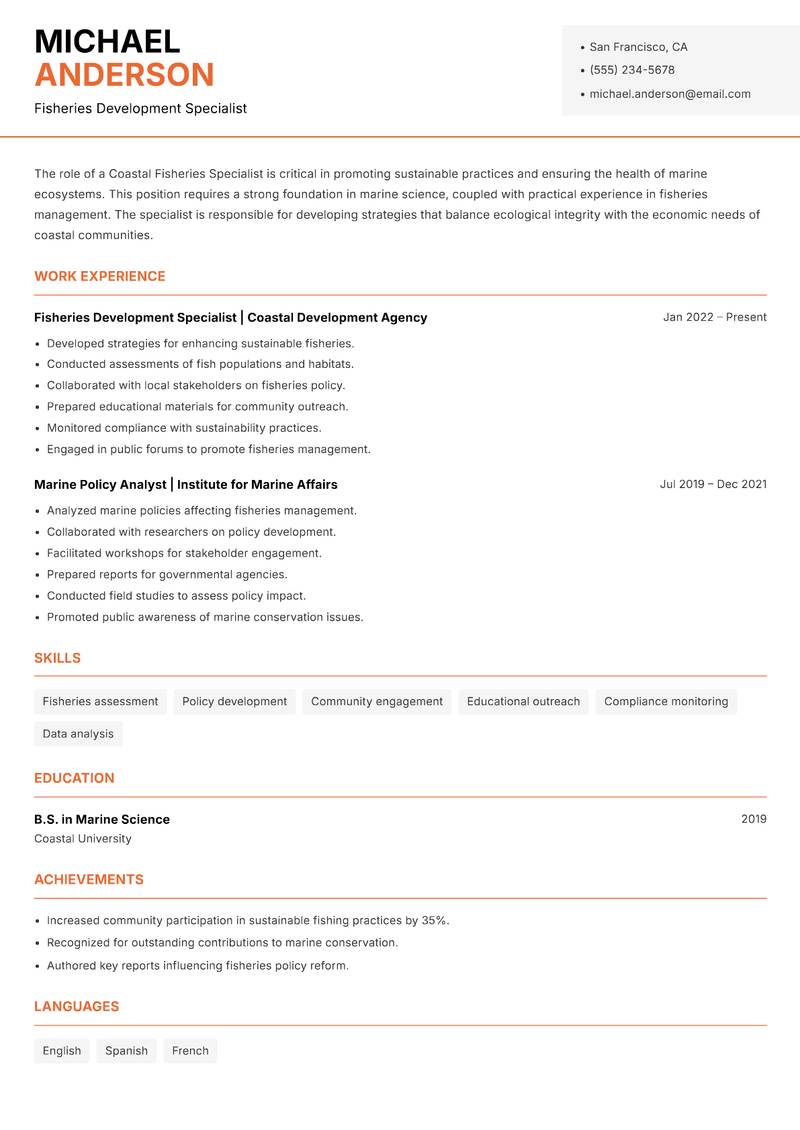 Coastal Fisheries Specialist resume sample — Fisheries Development Specialist focus