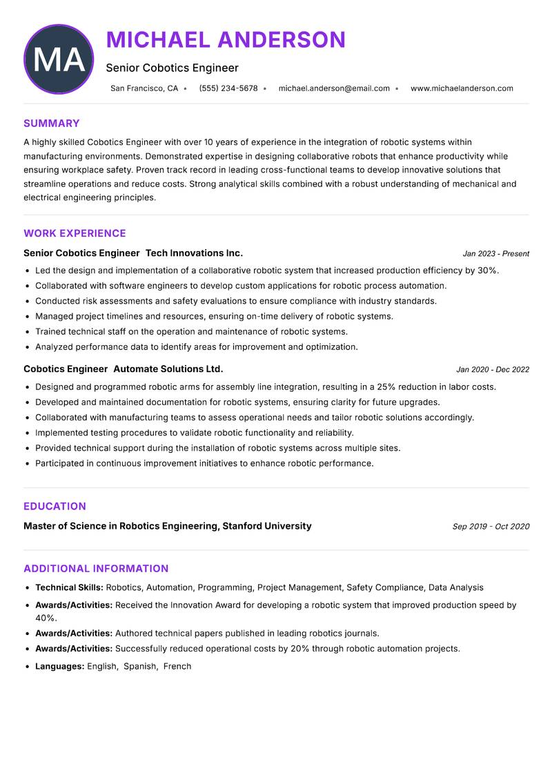 Cobotics Engineer resume example