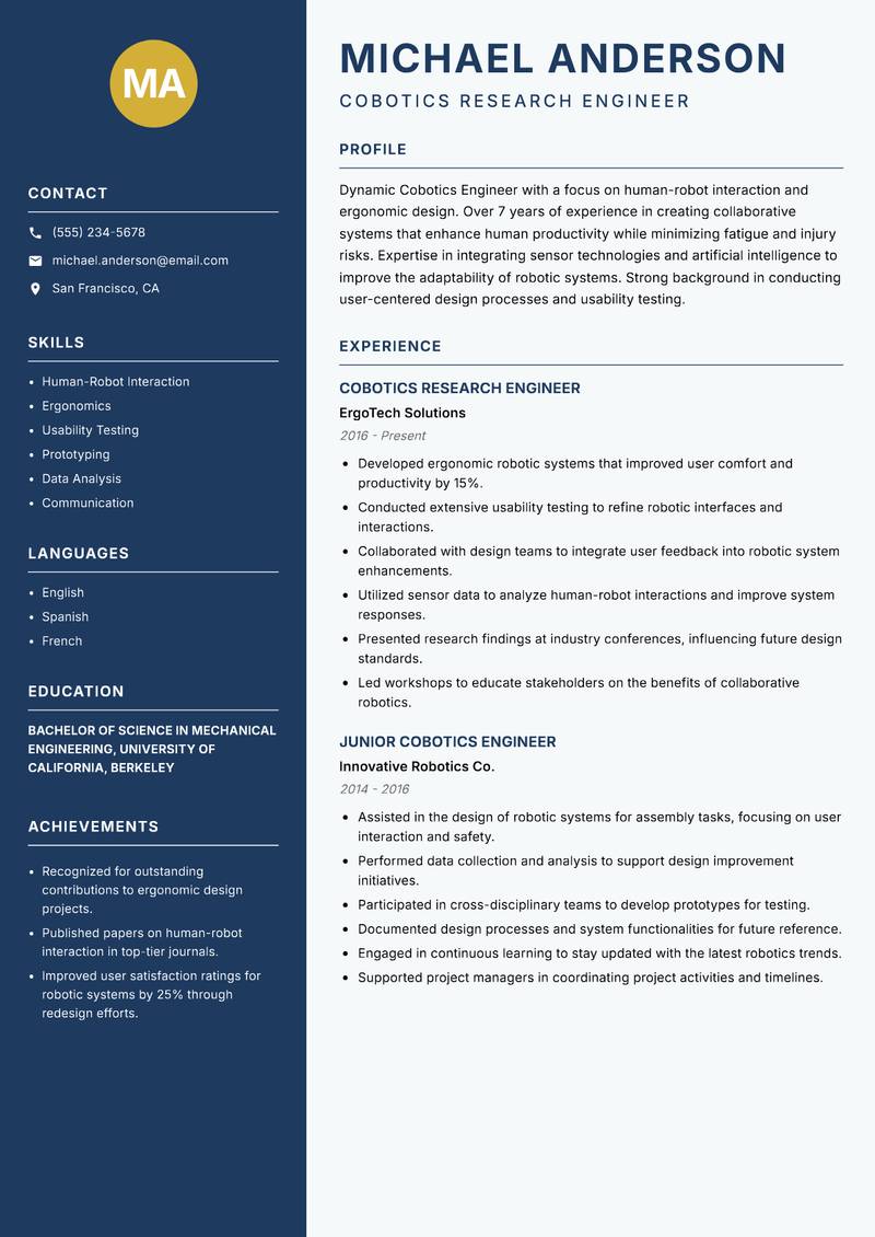 Cobotics Engineer resume sample — Cobotics Research Engineer focus