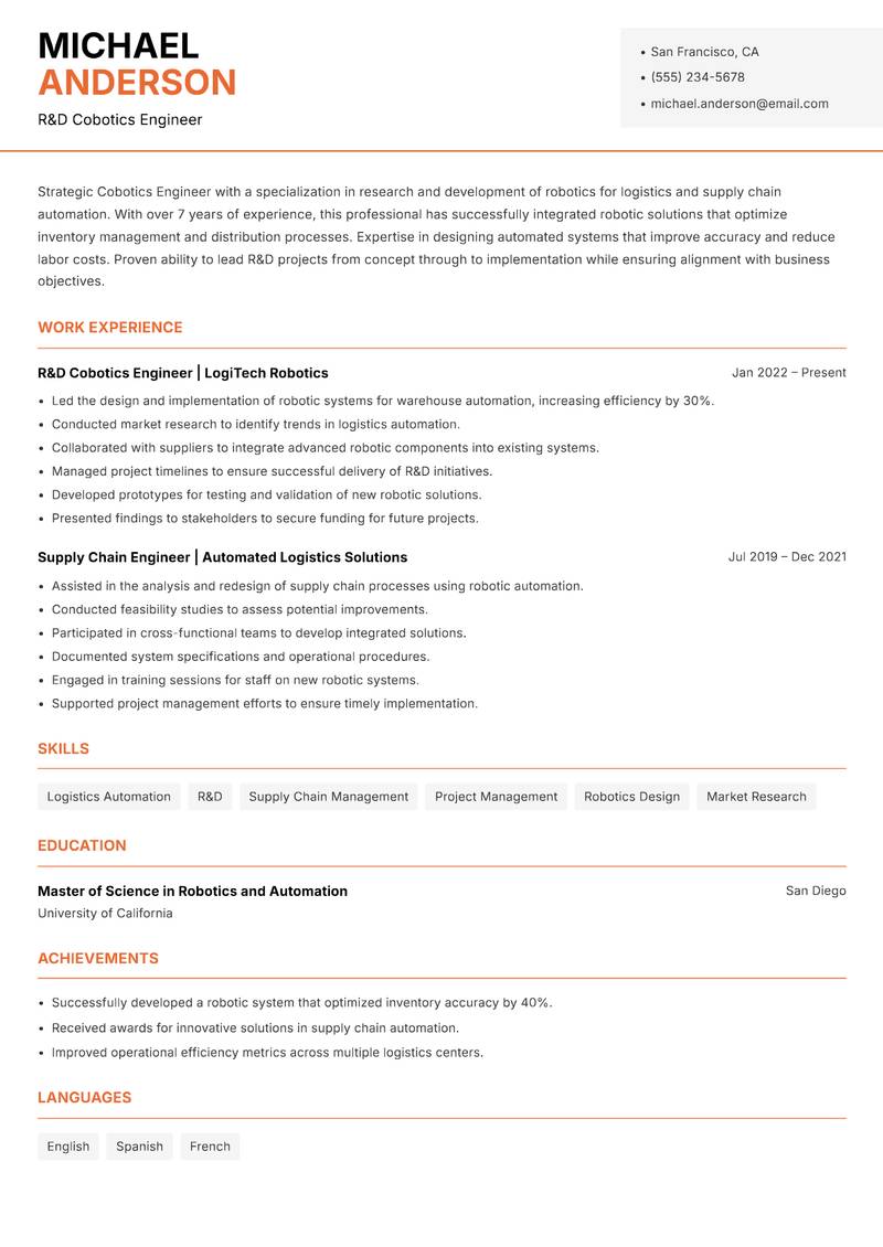 Cobotics Engineer resume sample — R&D Cobotics Engineer focus