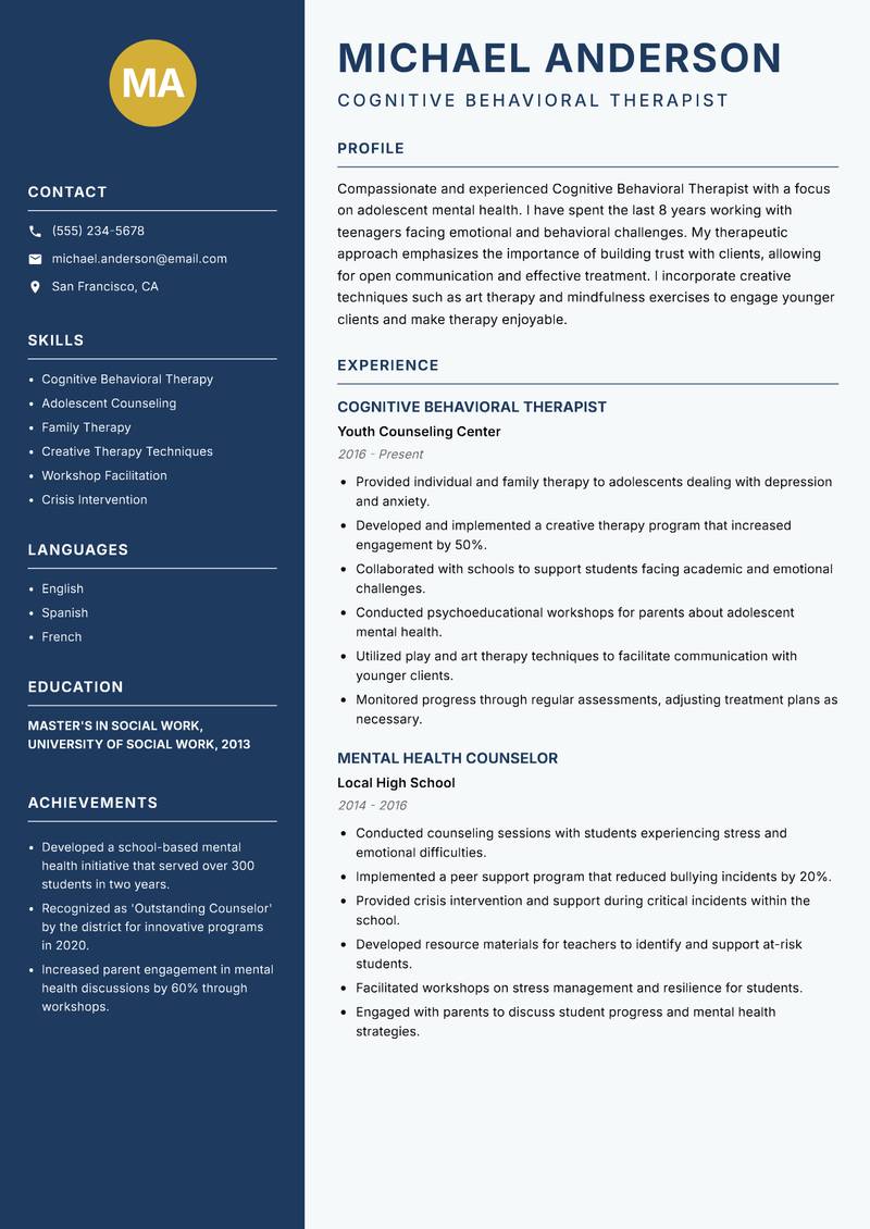Cognitive Behavioral Therapist resume sample — Cognitive Behavioral Therapist focus