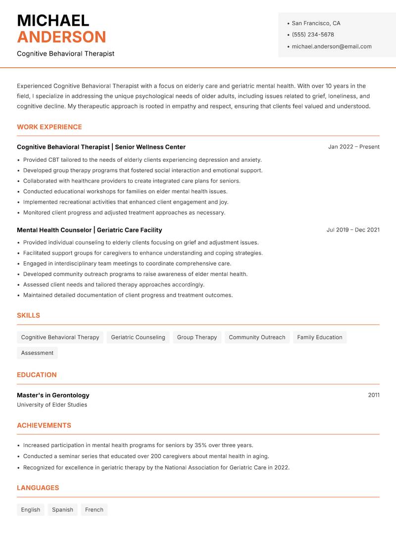 Cognitive Behavioral Therapist resume sample — Cognitive Behavioral Therapist focus