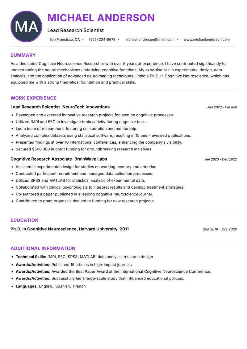Cognitive Neuroscience Researcher resume example