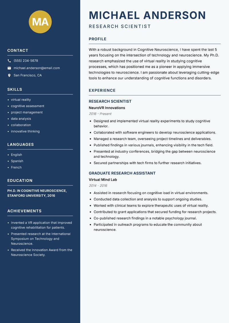 Cognitive Neuroscience Researcher resume sample — Research Scientist focus