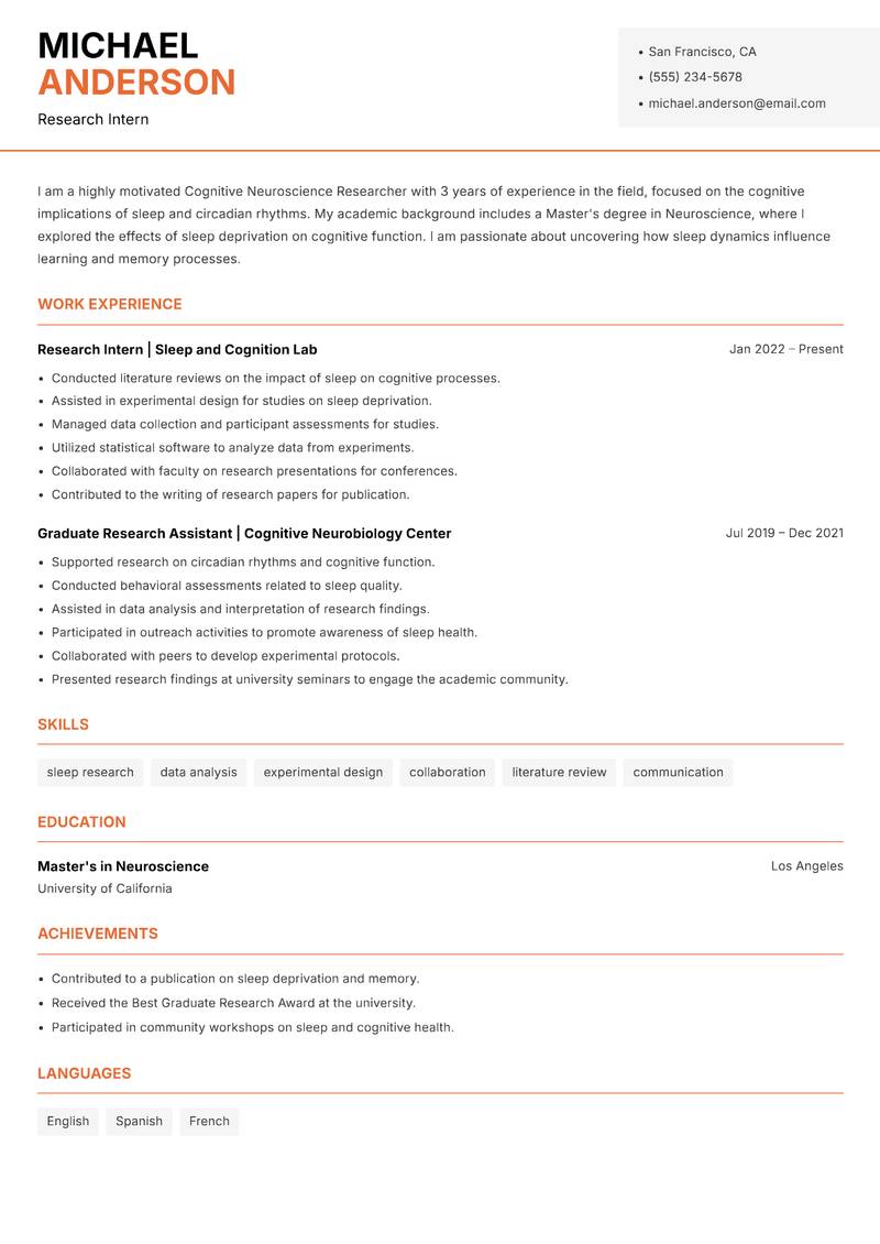 Cognitive Neuroscience Researcher resume sample — Research Intern focus