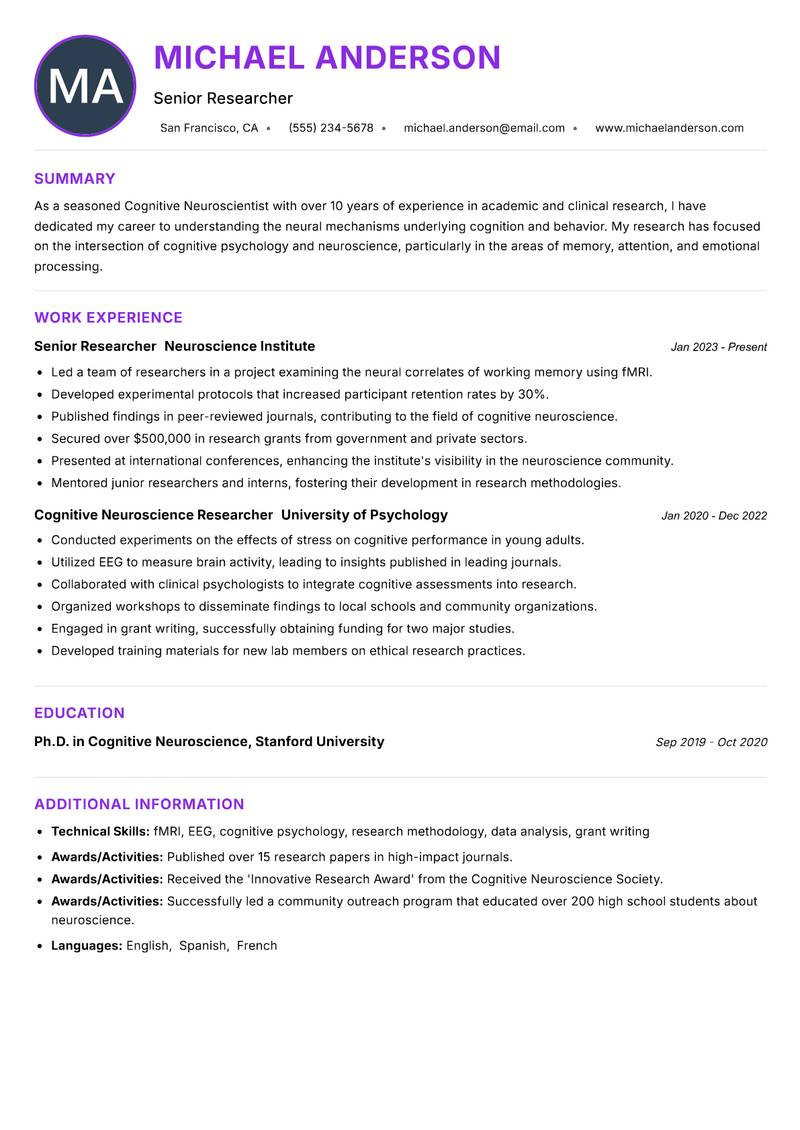 Cognitive Neuroscientist resume example