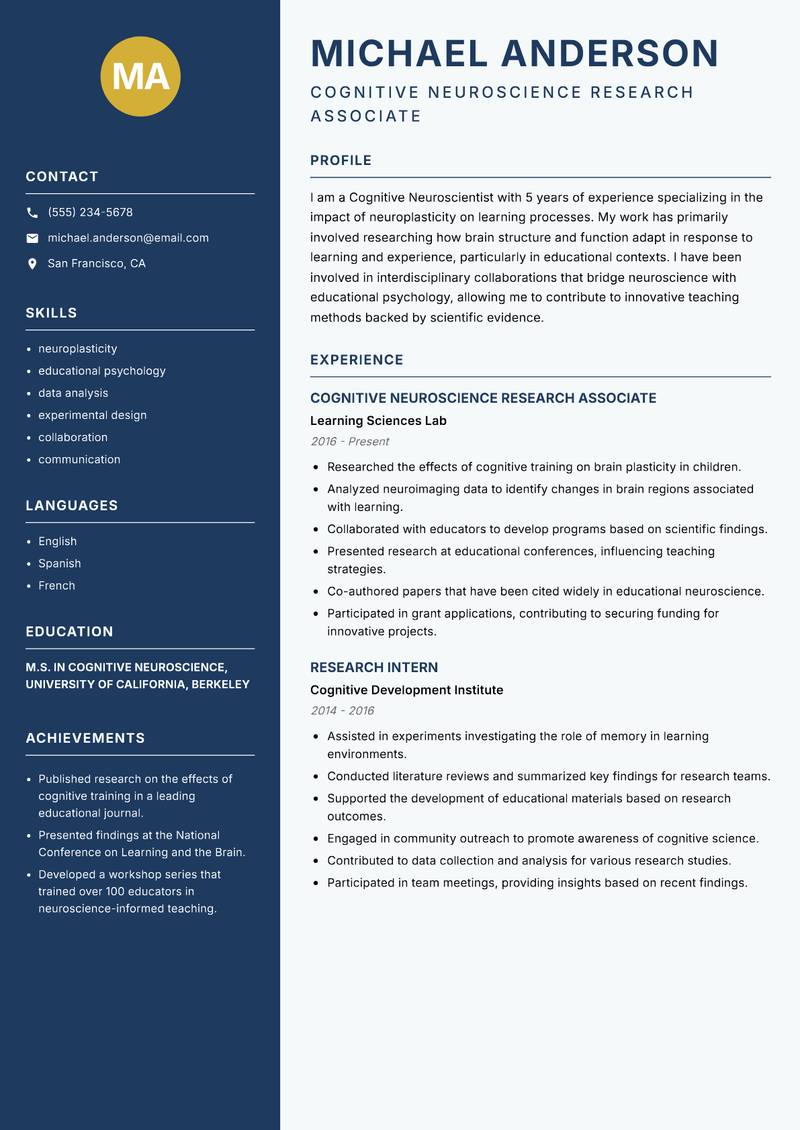 Cognitive Neuroscientist resume sample — Cognitive Neuroscience Research Associate focus