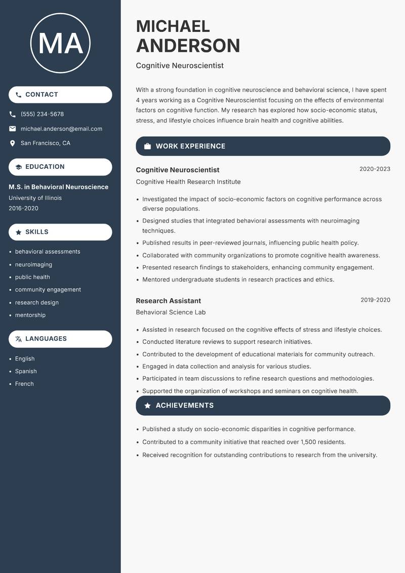 Cognitive Neuroscientist resume sample — Cognitive Neuroscientist focus