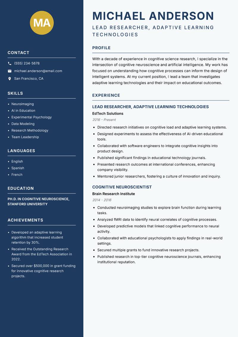 Cognitive Science Researcher resume sample — Lead Researcher, Adaptive Learning Technologies focus