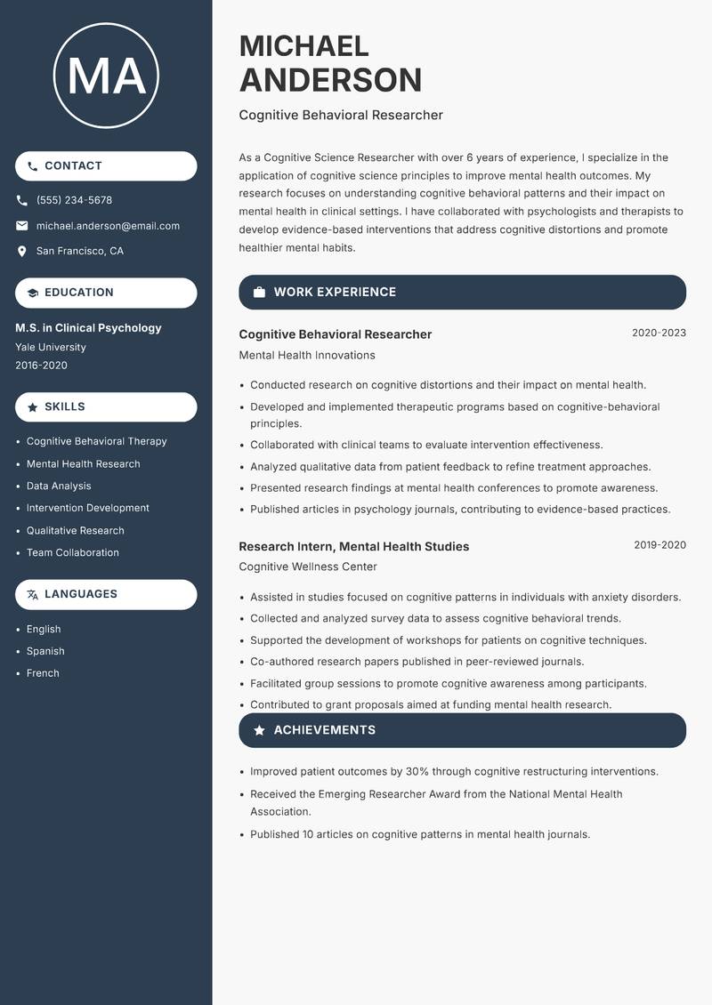Cognitive Science Researcher resume sample — Cognitive Behavioral Researcher focus