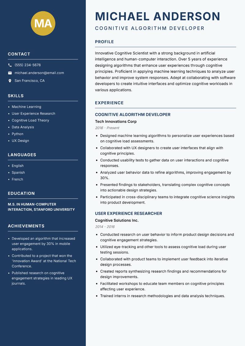 Cognitive Scientist resume sample — Cognitive Algorithm Developer focus